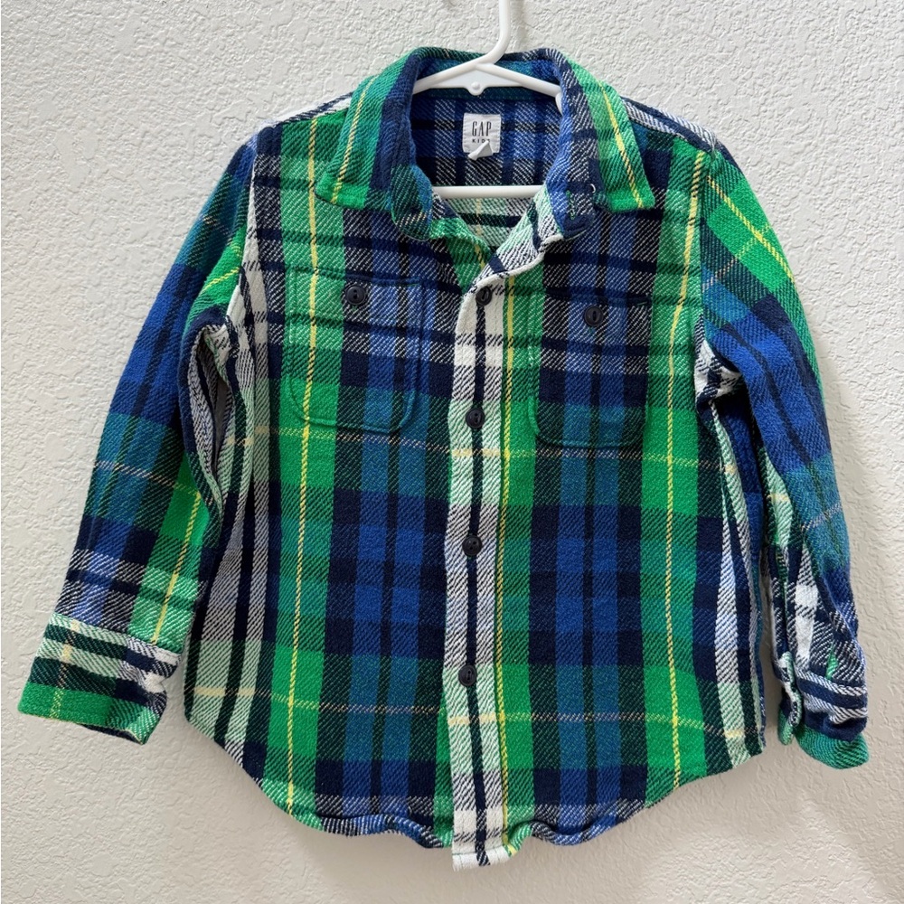 GAP Kids Blue, Green & White Plaid Button-Down 100% Cotton Shirt Size XS